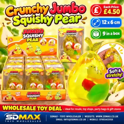 Jumbo Squishy Pear Toy wholesale display box with 9 soft stretchy sensory squeeze toys from SDMAX Toys Wholesaler