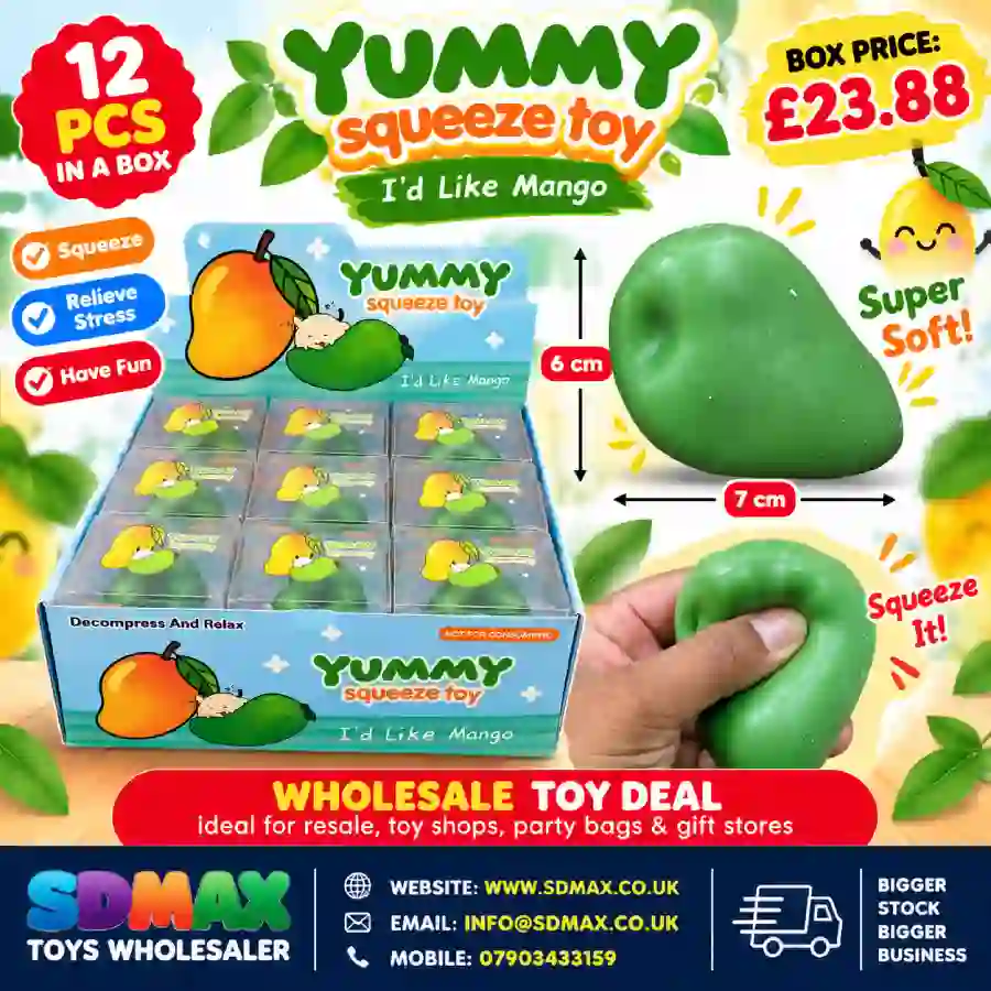 Mango squeeze toy 7x6cm, 12 pieces wholesale box by SDMAX Toys Wholesaler Mango squeeze toy 7x6cm, 12 pieces wholesale box by SDMAX Toys Wholesaler