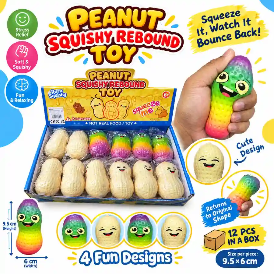 Peanut Squishy Rebound Toy – 9.5×6cm Peanut Squishy Rebound Toy 9.5x6cm 12pcs Display Box – SDMAX Toys Wholesaler