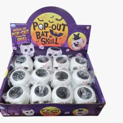 Pop-Out Bat in Skull Halloween squeeze toy measuring 8cm with 12-piece wholesale display box from SDMAX Toys Wholesaler