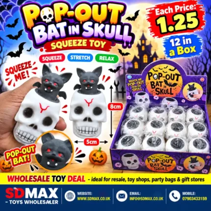 Pop-Out Bat in Skull Halloween squeeze toy measuring 8cm with 12-piece wholesale display box from SDMAX Toys Wholesaler