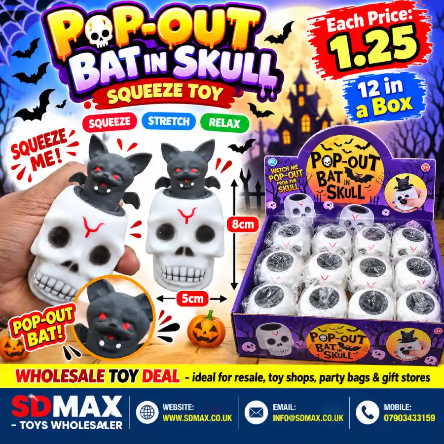Pop-Out Bat in Skull Squeeze Toy 8cm Wholesale – SDMAX Toys (4) Pop-Out Bat in Skull Halloween squeeze toy measuring 8cm with 12-piece wholesale display box from SDMAX Toys Wholesaler