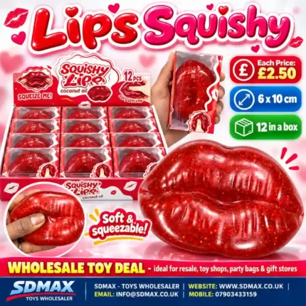 Red glitter lips squishy toy wholesale display box containing 12 soft squeezable novelty toys from SDMAX Toys Wholesaler