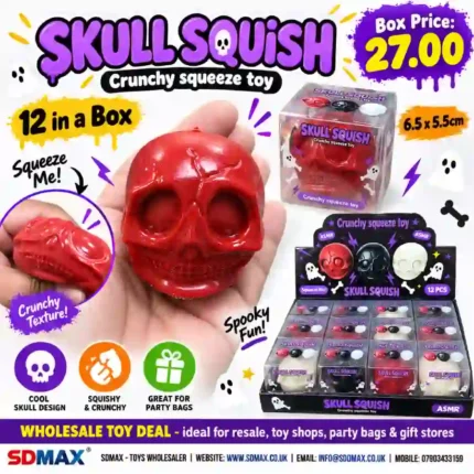 Skull Squish Crunchy Squeeze Toy, 6.5x5.5cm, available in red, black and white. 12 pieces per box, ideal for toy shops, party bags, gifts and resale
