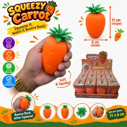 Squeeze Carrot Toy 11x6cm – Poke and Stretch 12pcs Display Box | SDMAX Toys Wholesaler