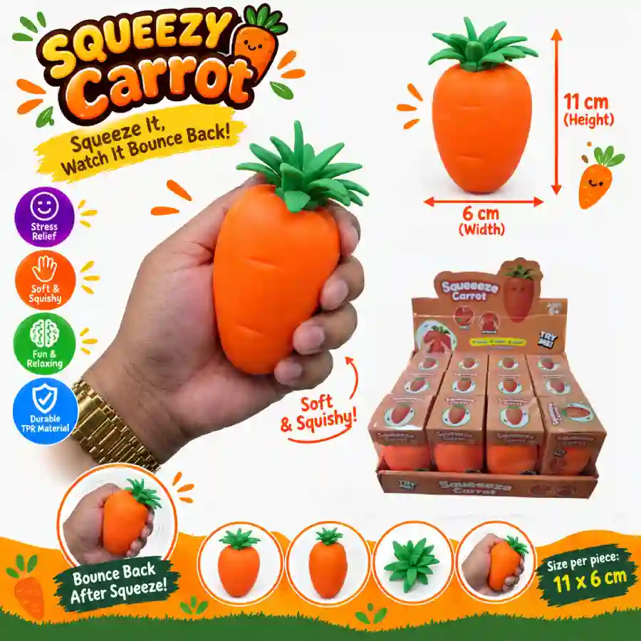 Squeeze Carrot Toy – 11×6cm _ Poke & Stretch _ 12 Pcs Display Box Squeeze Carrot Toy 11x6cm – Poke and Stretch 12pcs Display Box | SDMAX Toys Wholesaler