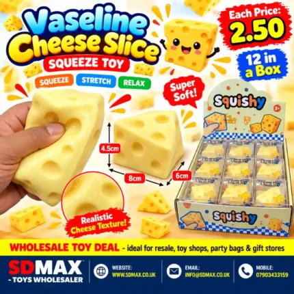 Yellow Vaseline Cheese Slice Squeeze Toy measuring 8cm with 12-piece wholesale display box from SDMAX Toys Wholesaler