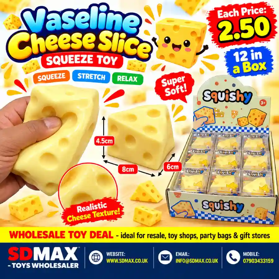 Vaseline Cheese Slice Squeeze Toy 8cm Wholesale 12 Pack – SDMAX Toys Yellow Vaseline Cheese Slice Squeeze Toy measuring 8cm with 12-piece wholesale display box from SDMAX Toys Wholesaler