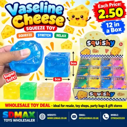 Colourful 5cm Vaseline Cheese squishy sensory cube toys with 12-piece wholesale display box from SDMAX Toys Wholesaler