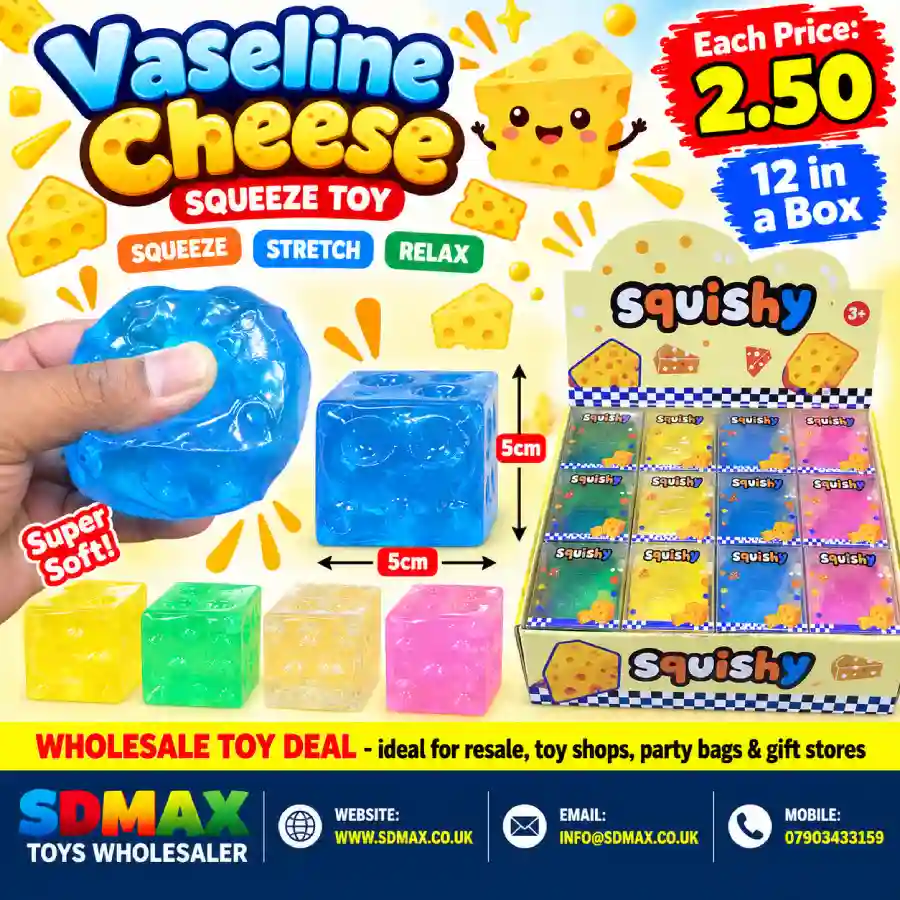 Vaseline Cheese Squeeze Toy 5cm Wholesale 12 Pack – SDMAX Toys Colourful 5cm Vaseline Cheese squishy sensory cube toys with 12-piece wholesale display box from SDMAX Toys Wholesaler