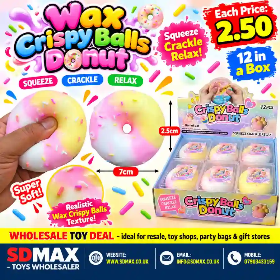 Wax Crispy Balls Donut Squeeze Toy 7cm Wholesale 12 Pack – SDMAX Colourful Wax Crispy Balls Donut squeeze sensory toy 7cm with 12-piece wholesale display box from SDMAX Toys Wholesaler