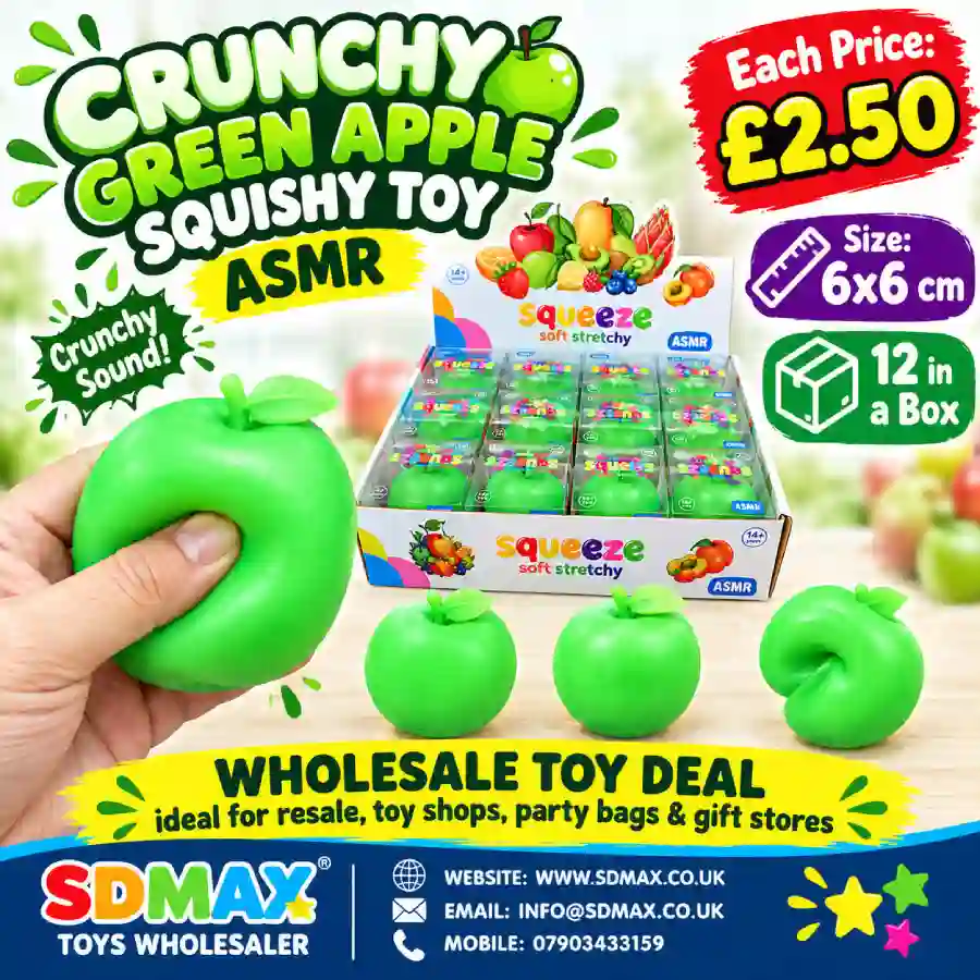 crunchy-green-apple-squishy-toy-wholesale-sdmax-toys Crunchy green apple squishy toy soft stretchy ASMR sensory toy wholesale from SDMAX Toys Wholesaler