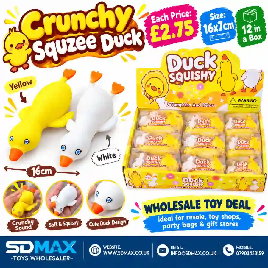 crunchy-squzee-duck-squeeze-toy-wholesale-sdmax-toys Crunchy Squzee Duck soft squishy squeeze toy 16x7cm wholesale – 12 pieces box | SDMAX Toys Wholesaler