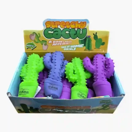 Sand Squeeze Cactus Toys wholesale. Soft 13×8cm textured sensory squeeze toys in assorted colors, supplied in 12-piece retail display boxes