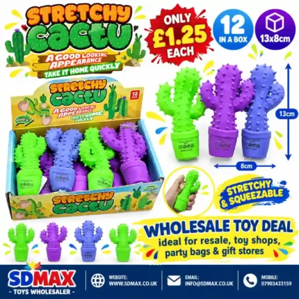 Sand Squeeze Cactus Toys wholesale. Soft 13×8cm textured sensory squeeze toys in assorted colors, supplied in 12-piece retail display boxes
