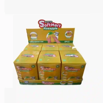 Scented Pineapple Squishy Toys wholesale. Large 20×14cm soft squishy toys with poke and stretch features, supplied in 6-piece retail display boxes