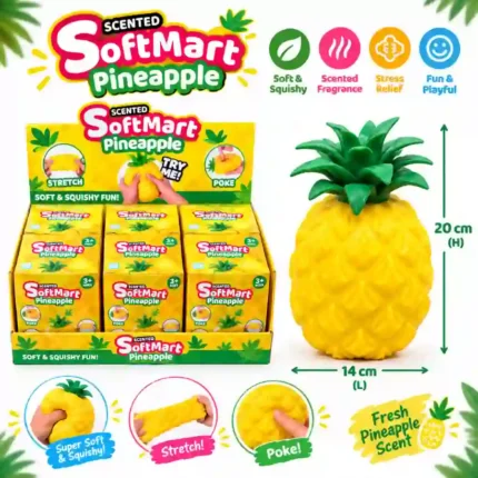 Large, soft and interactive Pineapple Squishy Toys designed for squeezing, poking and stretching. Approximately 20 × 14cm, with a scented design and attractive retail packaging.