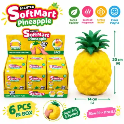 Scented Pineapple Squishy Toys wholesale. Large 20×14cm soft squishy toys with poke and stretch features, supplied in 6-piece retail display boxes