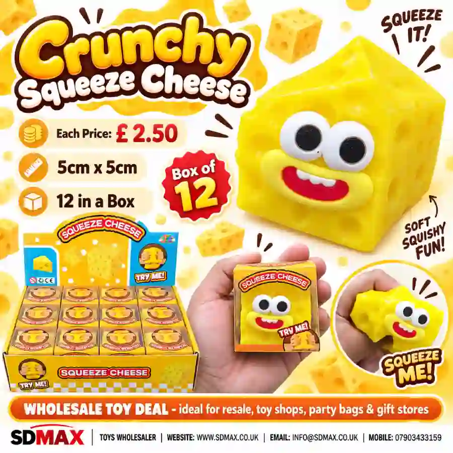 squeeze-cheese-stress-relief-toy-5cm-12pcs (3) Squeeze Cheese Stress Relief Toys 5×5cm wholesale from SDMAX Toys Wholesaler. Fun novelty squeeze toys, individually boxed, 12 pieces per box