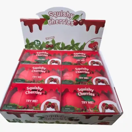 Jumbo Squishy Cherries Toys wholesale. Large 16×14cm soft squeeze fruit toys designed for sensory play, fidgeting and stress relief. 6 PCS per box