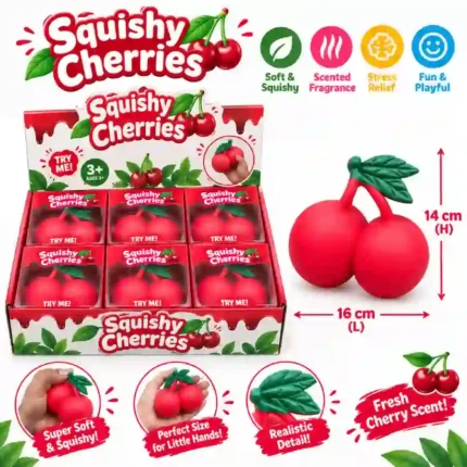 Jumbo Squishy Cherries Toys wholesale. Large 16×14cm soft squeeze fruit toys designed for sensory play, fidgeting and stress relief. 6 PCS per box