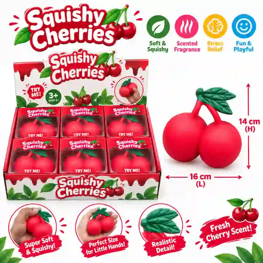 squishy-cherries-toy-16x14cm-wholesale Jumbo Squishy Cherries Toys wholesale. Large 16×14cm soft squeeze fruit toys designed for sensory play, fidgeting and stress relief. 6 PCS per box