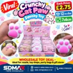 Buy Crunchy Cat Paw Squishy Toys wholesale from SDMAX Toys Wholesaler. Cute 7x6cm paw designs, assorted colours and 12-piece display boxes for retailers.