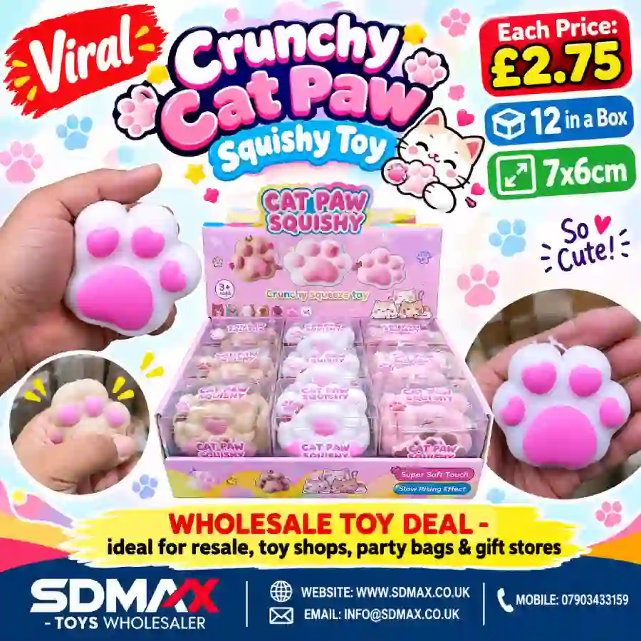 Cat Paw Squishy Toy Wholesale _ SDMAX Toys Buy Crunchy Cat Paw Squishy Toys wholesale from SDMAX Toys Wholesaler. Cute 7x6cm paw designs, assorted colours and 12-piece display boxes for retailers.