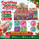 Christmas Glitter Jelly Sugar Maltose Cube Squishy Toys in assorted colours with glitter, Christmas display boxes, £3.25 each and 12 pieces per box from SDMAX Toys Wholesaler.