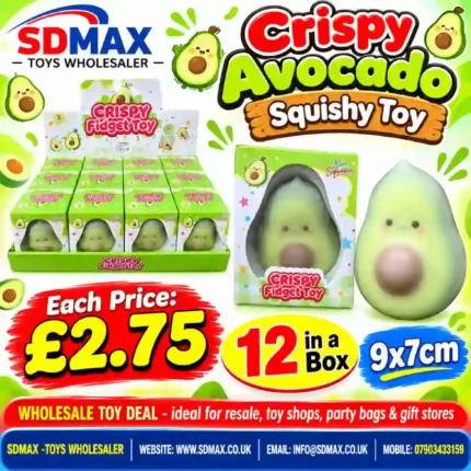 Crispy Avocado Squishy Fidget Toy featuring a cute light green avocado character with a brown centre, individual retail packaging, and a 12-piece wholesale display from SDMAX Toys Wholesaler.