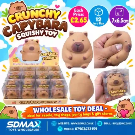 Crunchy Capybara Squishy Toy in brown with a cute animal face, individual clear packaging and 12-piece wholesale display box from SDMAX Toys Wholesaler.