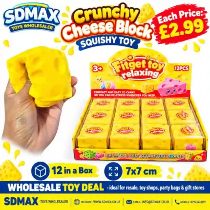 Crunchy yellow cheese block squishy toy with rounded cheese holes, shown in hand and in individual retail packaging with a 12-piece display box, approximately 7 × 7 cm, from SDMAX Toys Wholesaler.