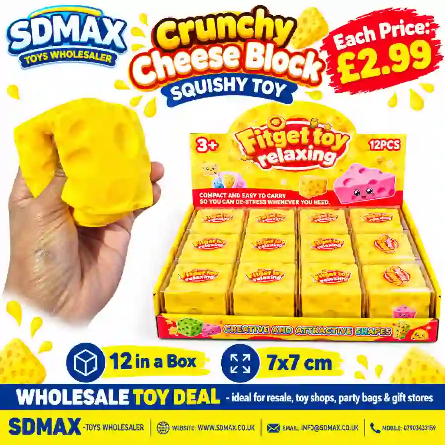 Crunchy Cheese Block Squishy Toy – 12 Piece Wholesale Display Box Crunchy yellow cheese block squishy toy with rounded cheese holes, shown in hand and in individual retail packaging with a 12-piece display box, approximately 7 × 7 cm, from SDMAX Toys Wholesaler.