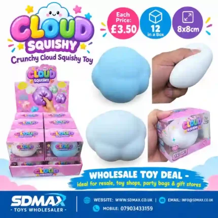 Crunchy Cloud Squishy Toy in blue and white colour options with retail display box, 12 pieces per box, 8×8cm, from SDMAX Toys Wholesaler.