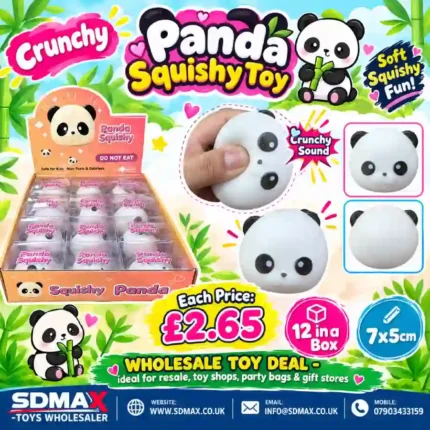 Crunchy Panda Squishy Toy with a white round face, black ears and eye patches, individual packaging and wholesale display box, 7 × 5cm, £2.65 each and 12 pieces per box – SDMAX Toys Wholesaler.