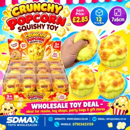 Crunchy Popcorn Squishy Toy in yellow with orange popcorn details, individual retail packaging and 12-piece wholesale display box from SDMAX Toys Wholesaler.