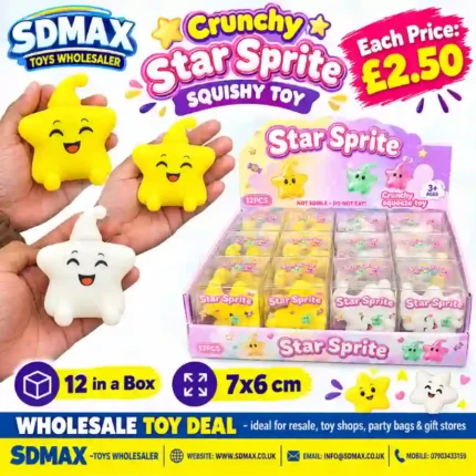 Crunchy Star Sprite squishy toys in yellow and white with green and pink variants shown in a 12-piece wholesale display box, 7 × 6 cm, from SDMAX Toys Wholesaler.