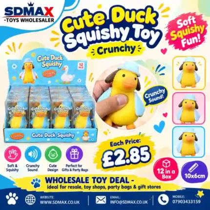 Cute Duck Squishy Toy featuring a yellow duck with an orange beak, brown floppy details, blue hat and blue outfit, individual packaging and wholesale display box, 10 × 6cm, £2.85 each – SDMAX Toys Wholesaler.