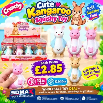 Cute Kangaroo Squishy Toy in pink, white and brown with baby kangaroo in pouch, individual packaging and wholesale display box, 10.5 × 5.5cm, £2.85 each – SDMAX Toys Wholesaler.
