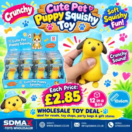 Cute Pet Puppy Squishy Toy featuring a yellow puppy with brown floppy ears, blue hat and blue outfit, individual packaging and wholesale display box, 10 × 6cm, £2.85 each – SDMAX Toys Wholesaler.