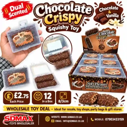 Dual scented chocolate crispy squishy toys in clear plastic cases, chocolate and vanilla scent theme, 12 per box, approximately 8x3cm, £2.75 each, from SDMAX Toys Wholesaler.