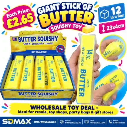 Giant yellow stick of butter squishy toy measuring 23 × 4 cm, displayed with wholesale packaging, priced at £2.65 each in a box of 12 by SDMAX Toys Wholesaler.