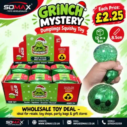 Grinch Mystery Dumplings Squishy Toy wholesale display box with green glitter-effect character toys, 12 per box, approximately 8.5cm, £2.25 each, from SDMAX Toys Wholesaler.