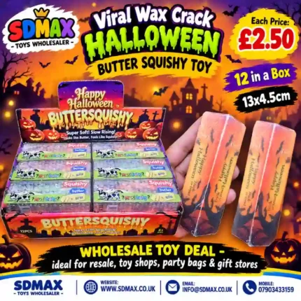 A Halloween-themed, butter-style squishy toy featuring spooky seasonal packaging and a soft, squeezable texture. Ideal for toy retailers, gift shops, seasonal displays and resellers looking for fun Halloween products.