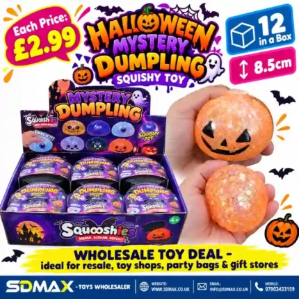 Halloween Mystery Dumpling Squishy Toy featuring an orange glitter pumpkin face, colourful mystery toy display box, 8.5cm size and £2.99 each wholesale price from SDMAX Toys Wholesaler.
