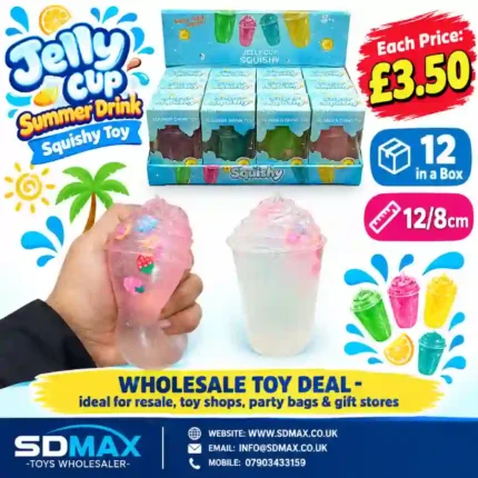 Jelly Cup Summer Drink Squishy Toy wholesale display box with colourful glittery cup-shaped squeeze toys, 12 pieces per box, £3.50 each, from SDMAX Toys Wholesaler.