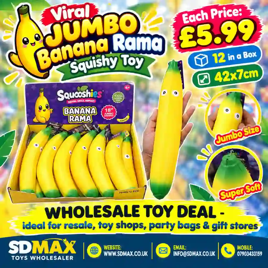 Jumbo Banana Rama Squishy Toy Wholesale Jumbo Banana Rama Squishy Toy โ oversized banana-shaped novelty squishy, supplied in a 12-piece wholesale box.