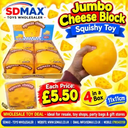 Jumbo yellow Cheese Block Squishy Toy shown in individual retail packaging and a four-piece display box, advertised at £5.50 each, size 11 × 11 cm, from SDMAX Toys Wholesaler.