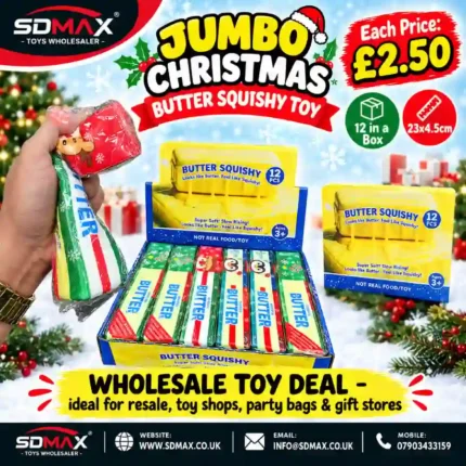 Jumbo Christmas Butter Squishy Toy in festive red, green and white packaging, displayed with a box of 12, 23 × 4.5cm size and £2.50 each wholesale price by SDMAX Toys Wholesaler.