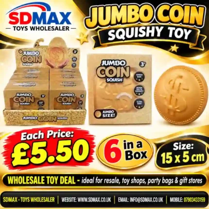 Jumbo Coin Squishy Toy in gold dollar coin design with retail packaging, 15 × 5 cm, advertised at £5.50 each and supplied in boxes of 6 by SDMAX Toys Wholesaler.